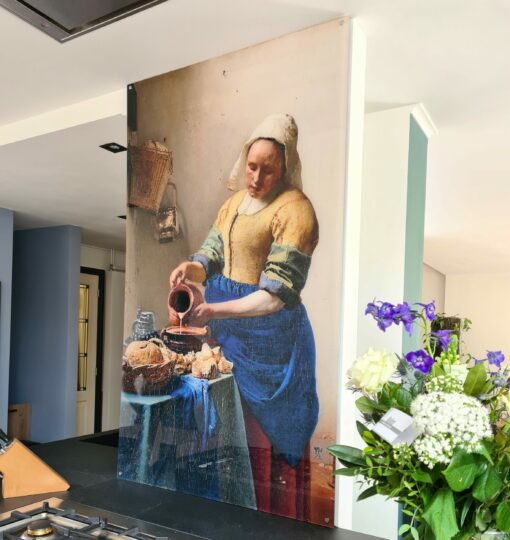 Glasschilderij Vermeer - Het Melkmeisje (vierkant