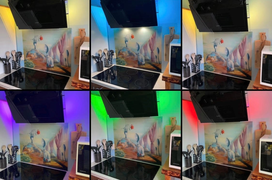 backsplash met eigen foto van schilderij in kleurrijke keuken