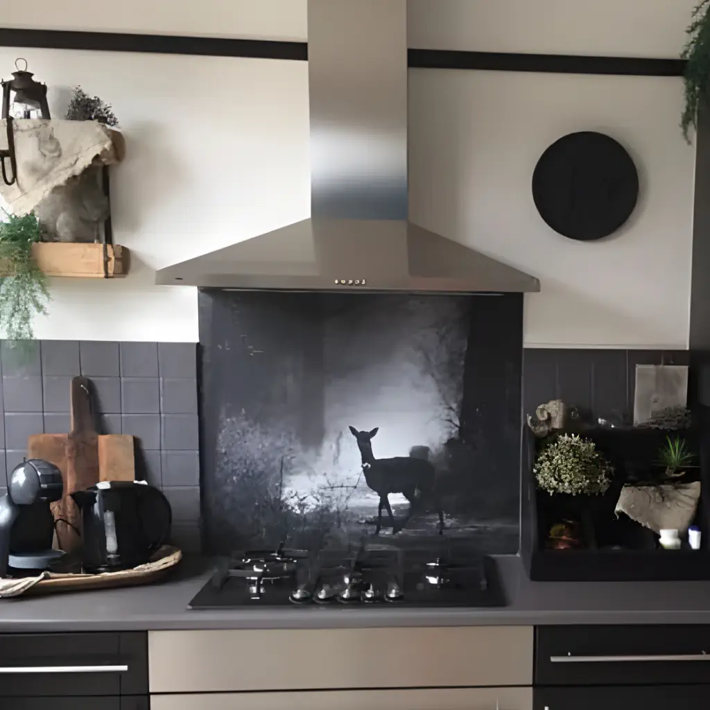 Backsplash met hert in zwart-wit