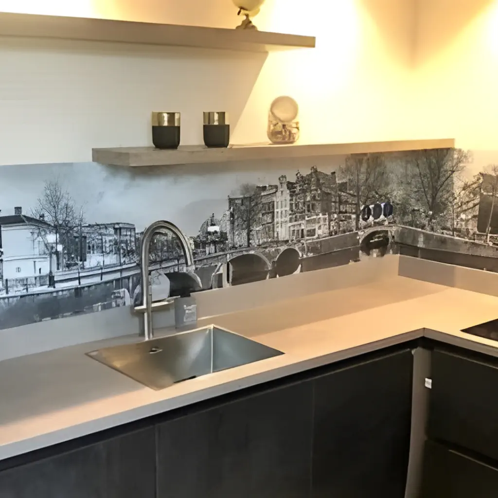 Drie keuken achterwanden met Amsterdamse grachten