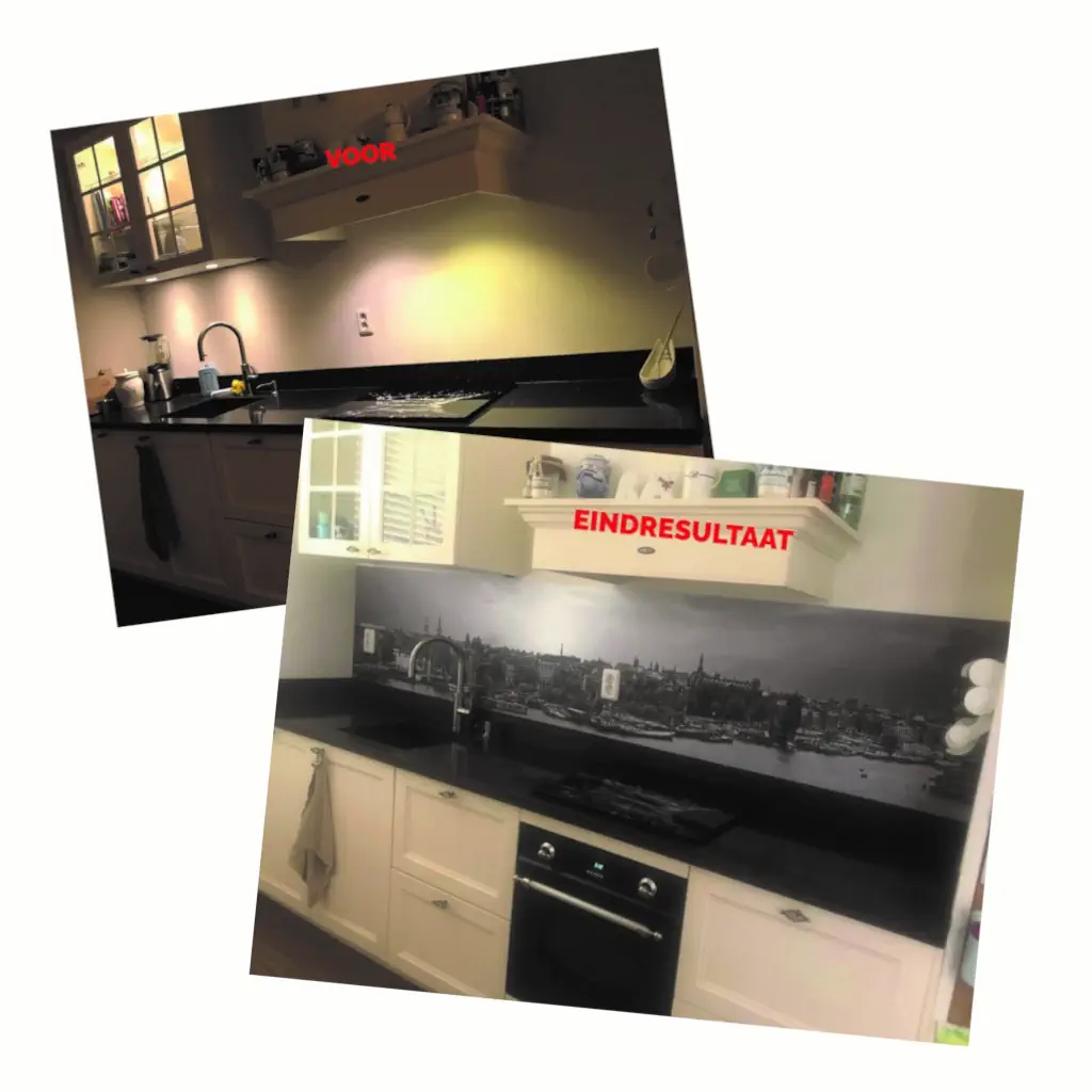 Keukenachterwand met zicht op Amsterdam