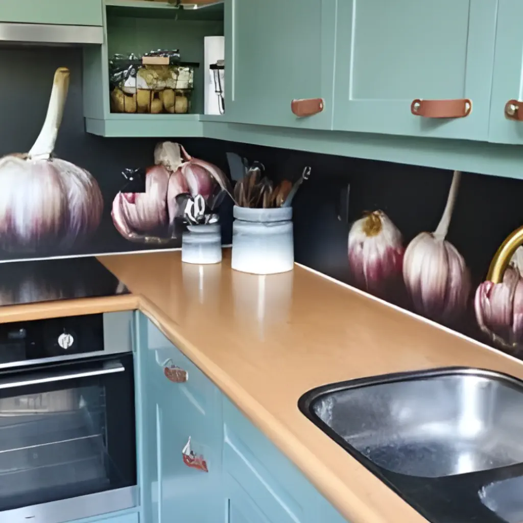 Keukenachterwanden met knoflook op zwart