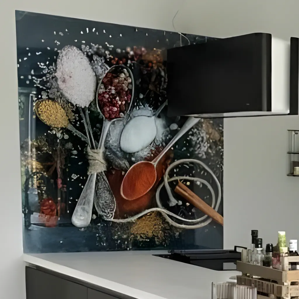 Spatwand met lepels en kruiden in prachtige keuken