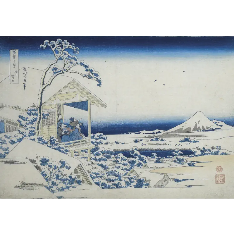Ochtendsneeuw in Koishikawa van Hokusai ochtendsneeuw-in-koishikawa-van-katsushika-hokusai